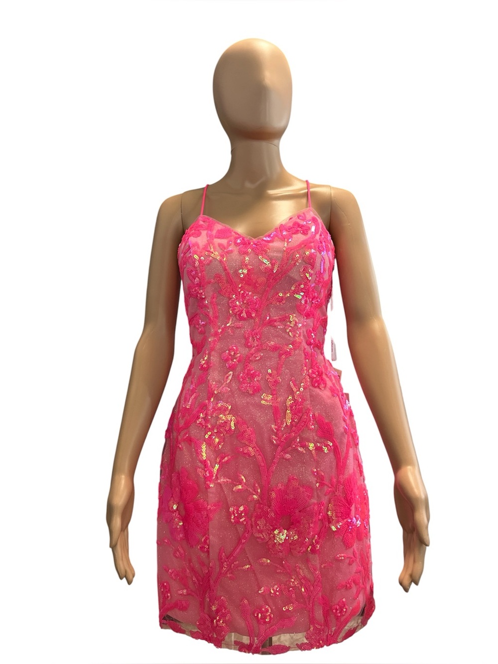 PromGirl Bright Pink Lace-Up Back Short Formal Sequin Dress Size 8
